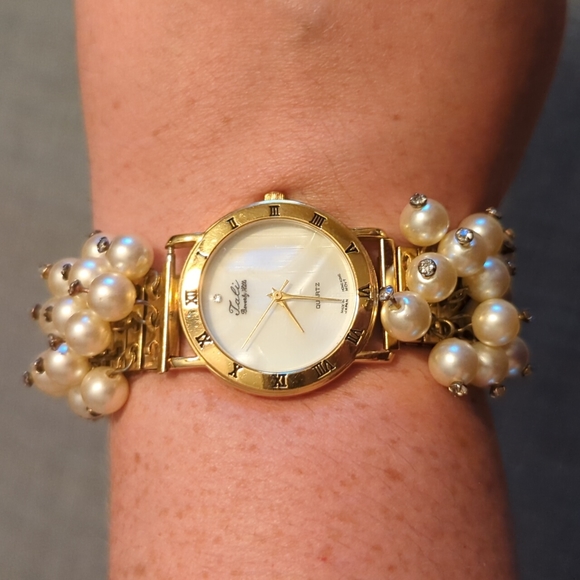 14kt Gold Plated Watch Bracelet With Faux Pearl Embellishments - Tali